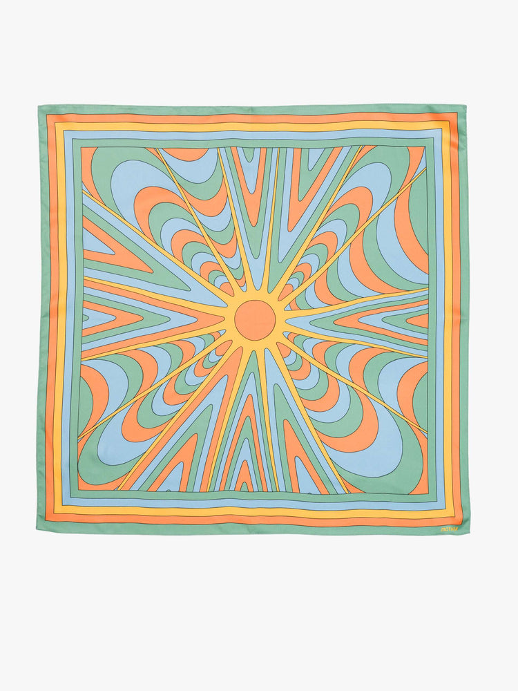 Flat 25-inch square scarf made from 100% silk in pastel blue, orange and yellow with a trippy sun graphic at the center.