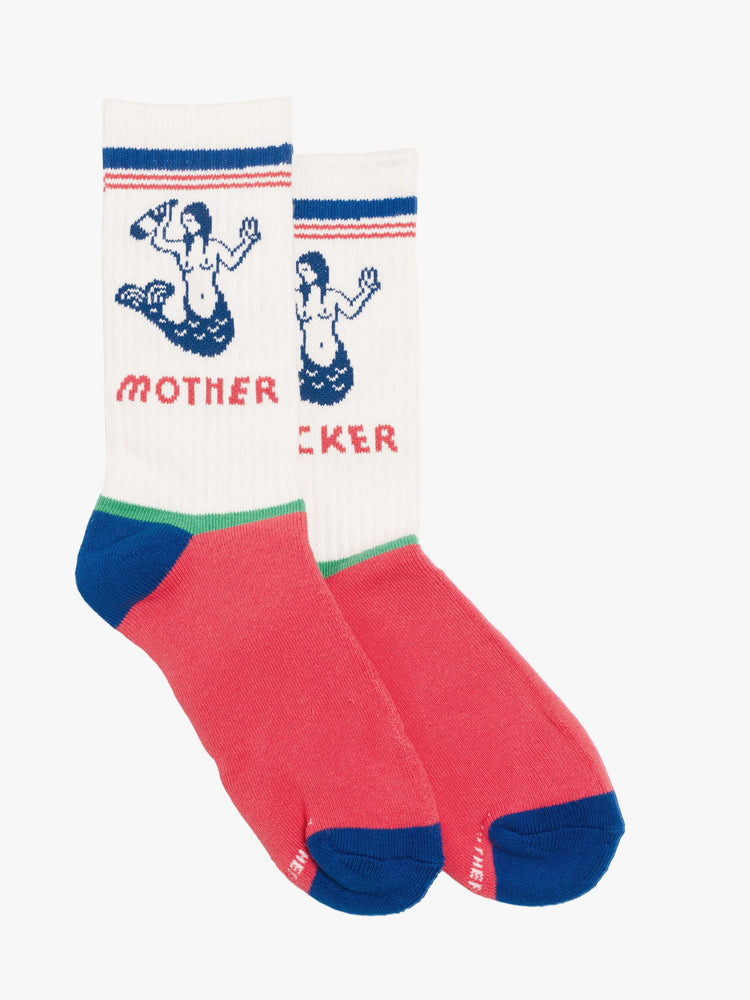 Flat view of a white with red, blue and green details tube socks with an explicit message from MOTHER.