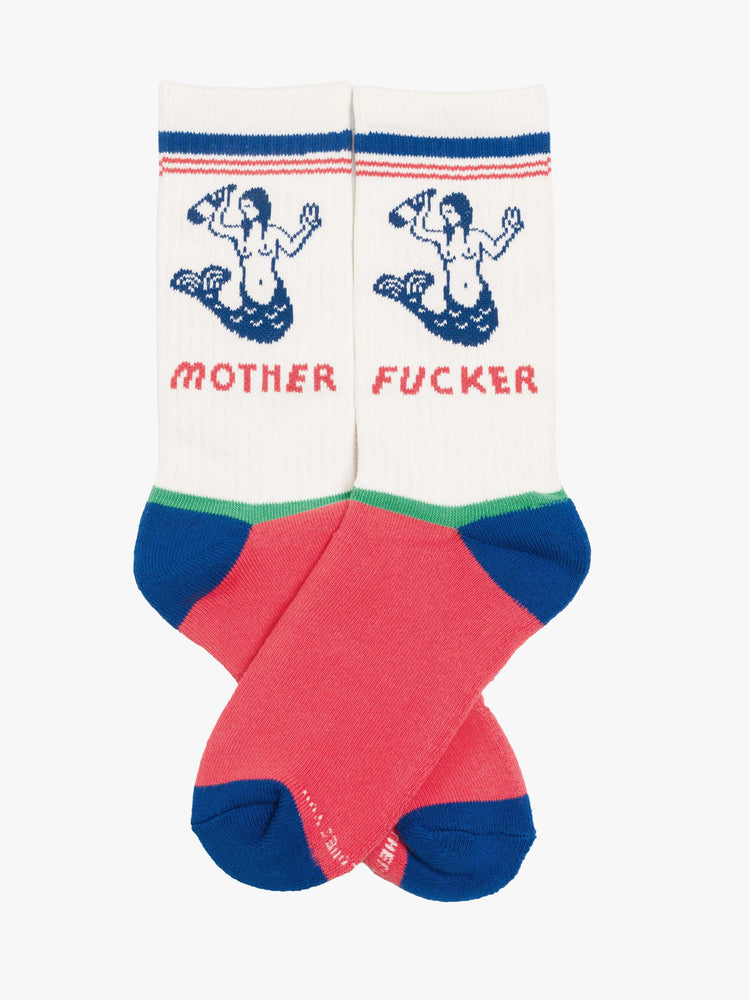 Flat view of a white with red, blue and green details tube socks with an explicit message from MOTHER.