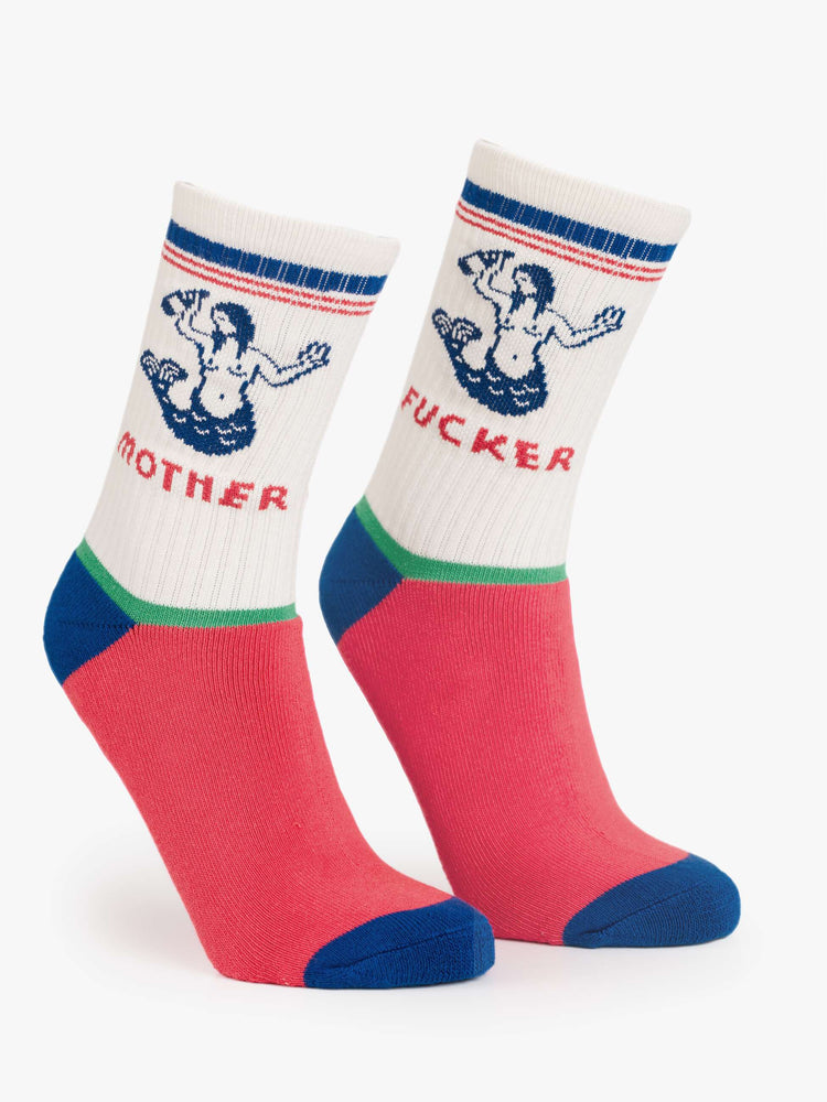 Flat of view of a white with red, blue and green details tube socks with an explicit message from MOTHER.
