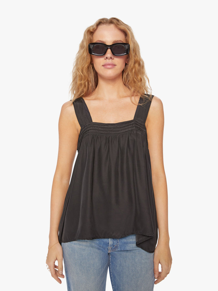 FRONT VIEW WOMEN'S TANK BLOUSE IN BLACK.