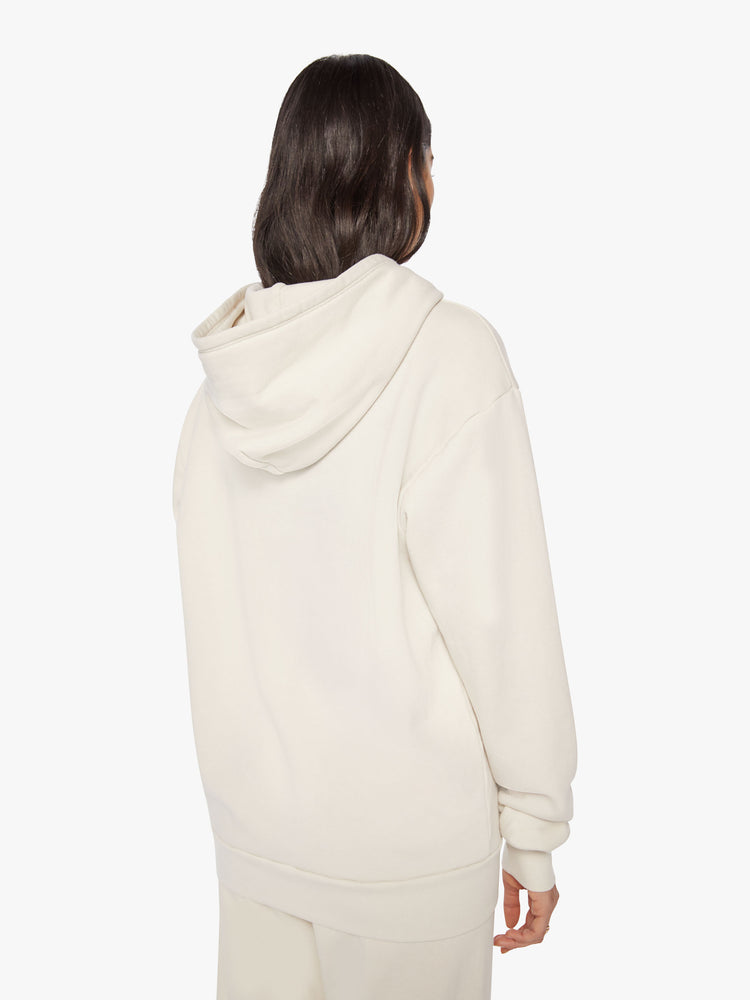 Back 3/4 view of a Womens white hoodie pullover.