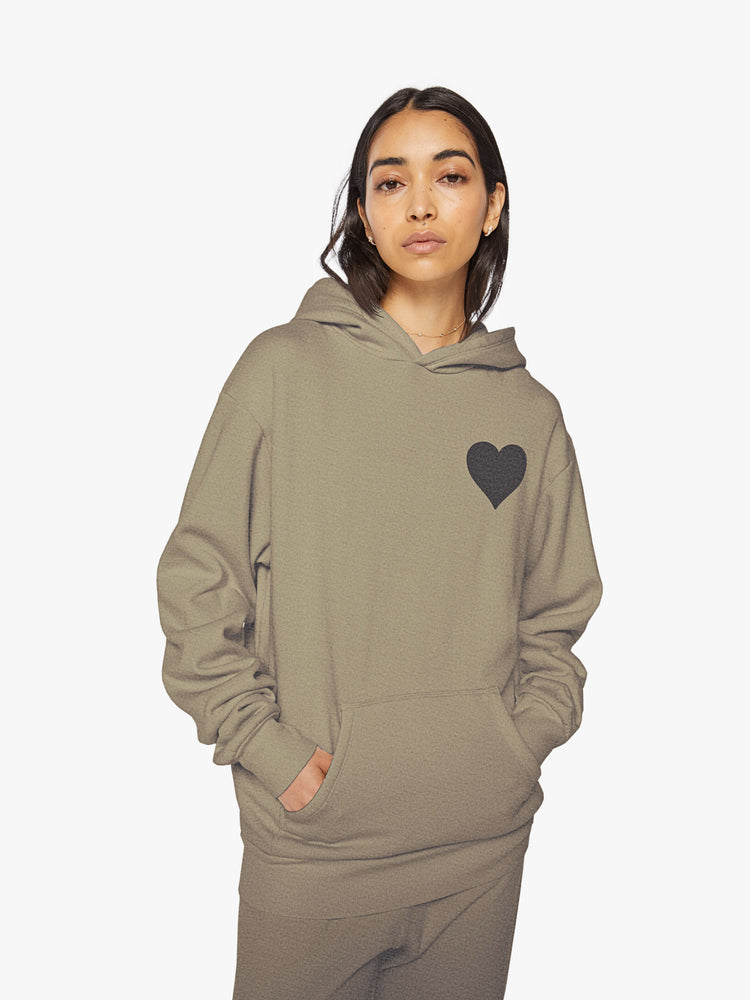 Front view of a woman army green sweatshirt has a front patch pocket and a loose, comfortable fit.