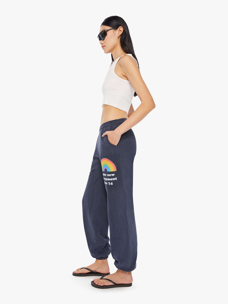 LEFT SIDE VIEW WOMEN'S NAVY SWEATPANTS WITH RAINBOW