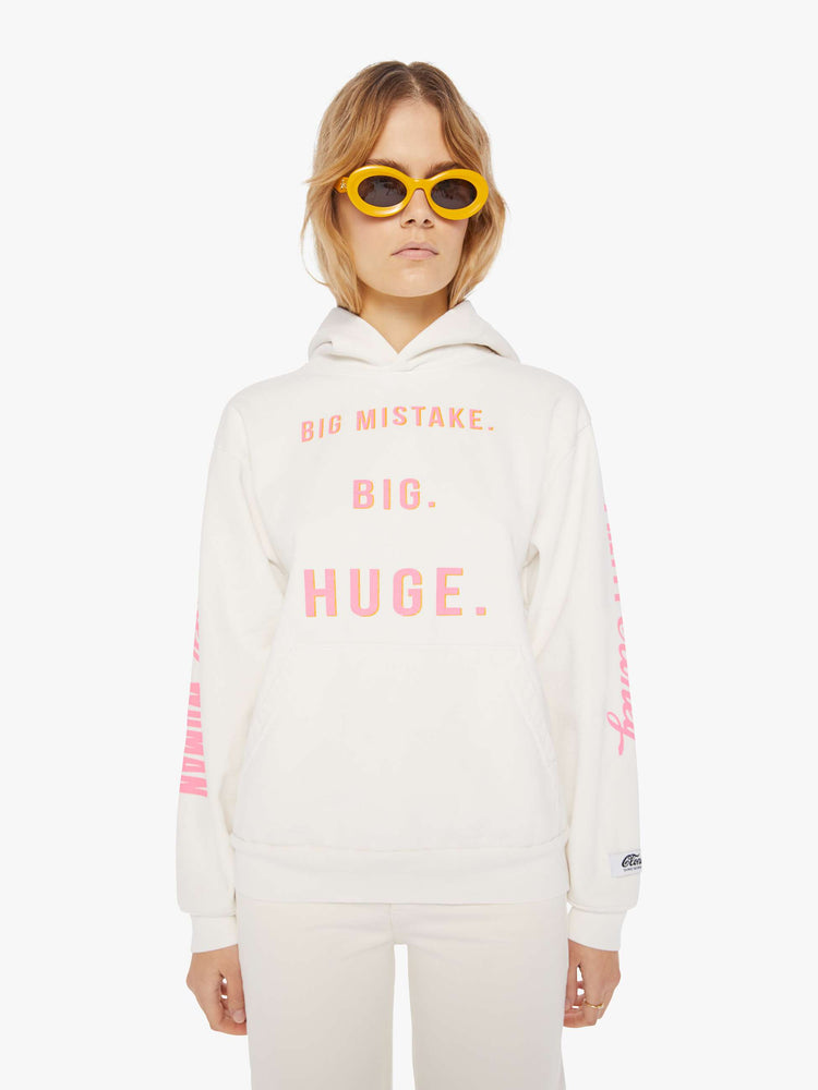 FRONT VIEW WOMEN'S WHITE HOODIE WITH PINK TEXT