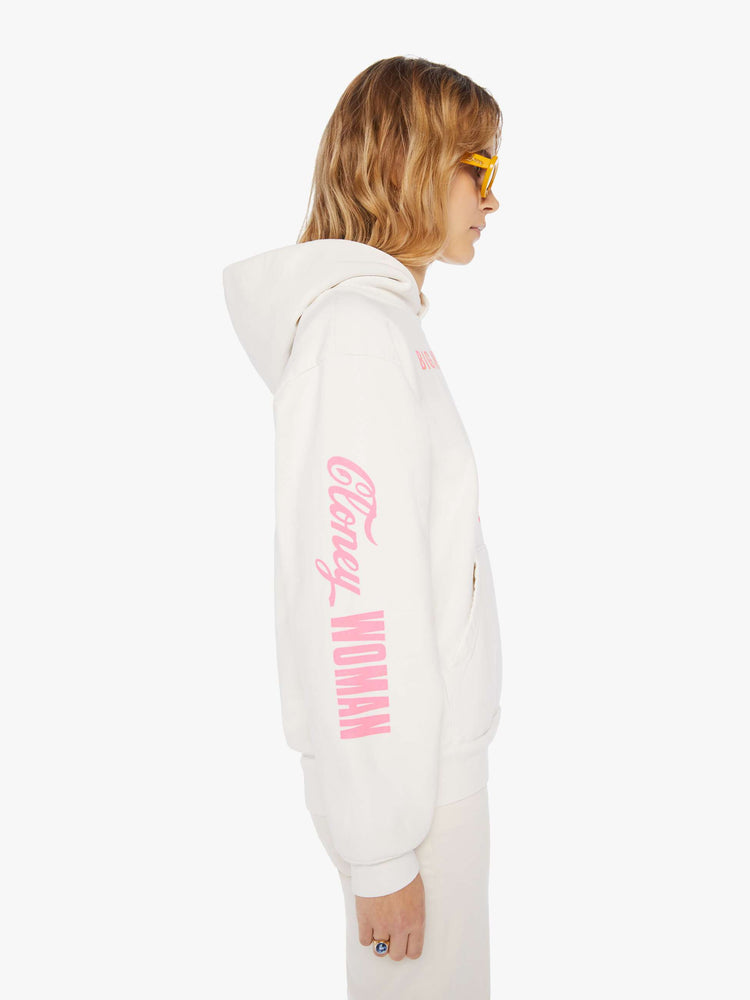 RIGHT SIDE VIEW WOMEN'S WHITE HOODIE WITH PINK TEXT