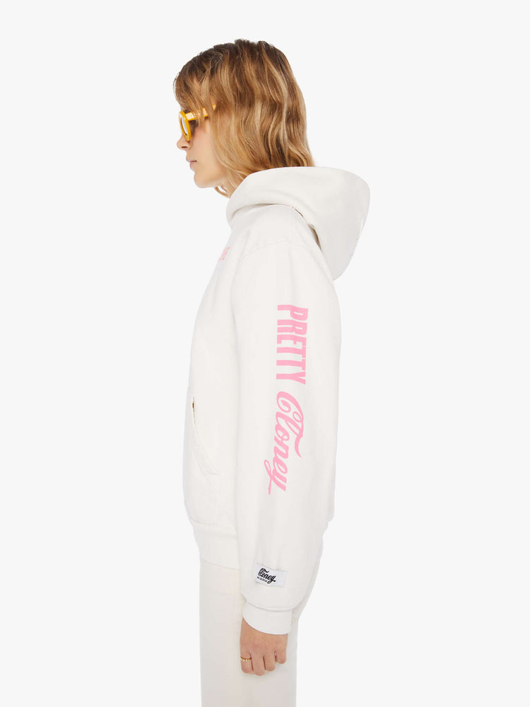 LEFT SIDE VIEW WOMEN'S WHITE HOODIE WITH PINK TEXT