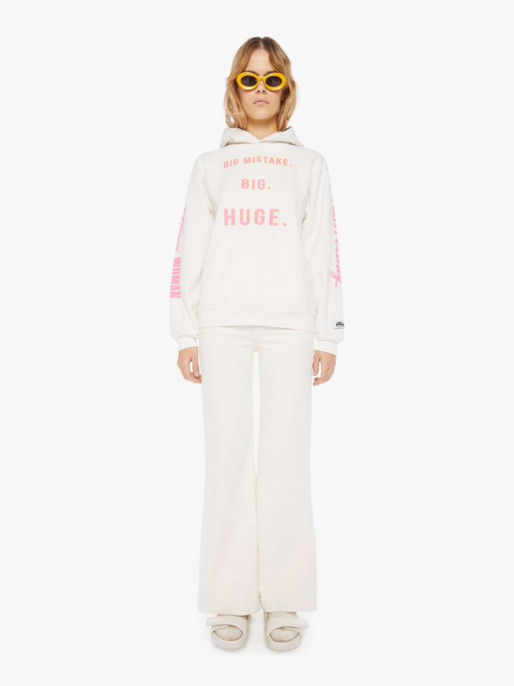 FULL BODY FRONT VIEW WOMEN'S WHITE HOODIE WITH PINK TEXT