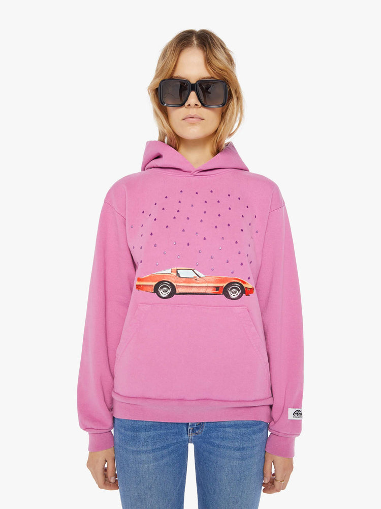 WOMEN FRONT VIEW WOMEN'S LAVENDER HOODIE WITH RED CAR