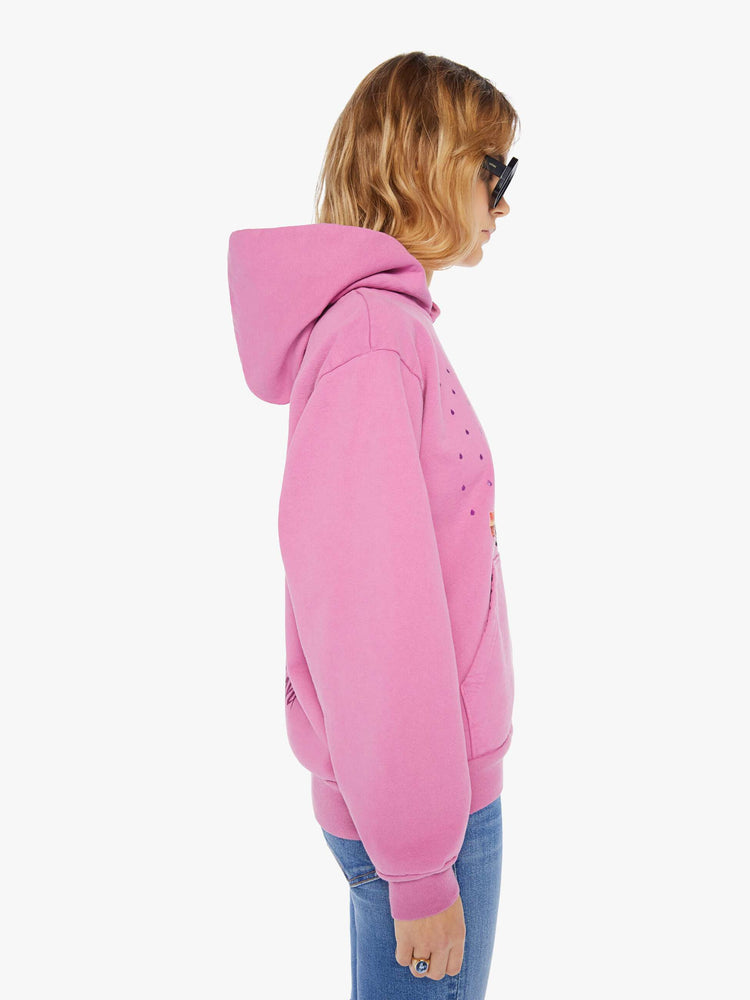 WOMEN SIDE VIEW WOMEN'S LAVENDER HOODIE WITH RED CAR