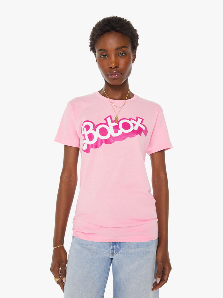 Front view of a women's light pink t-shirt with a hot pink "Botox" graphic