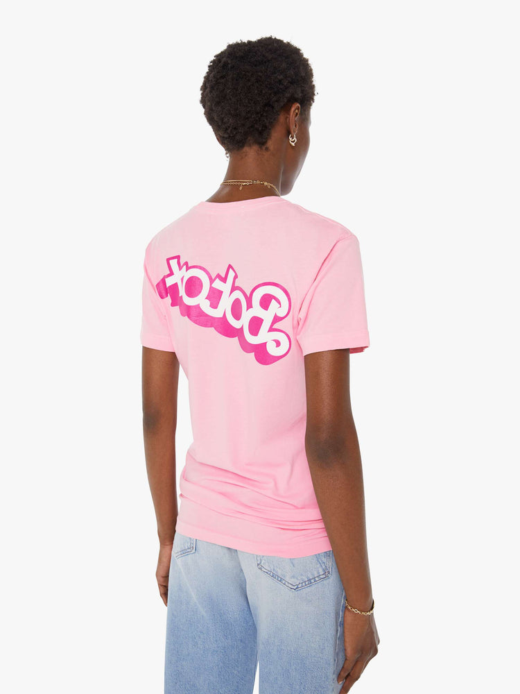 Back view of a women's light pink t-shirt with a hot pink "Botox" graphic
