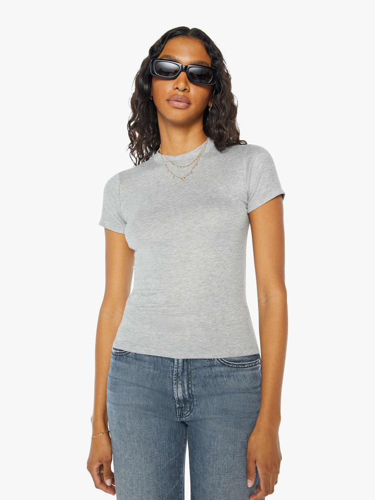 Front view of a womens heather grey crew neck fitted tee.