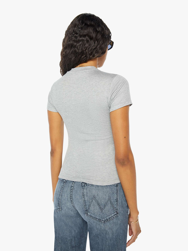 Back view of a womens heather grey crew neck fitted tee.