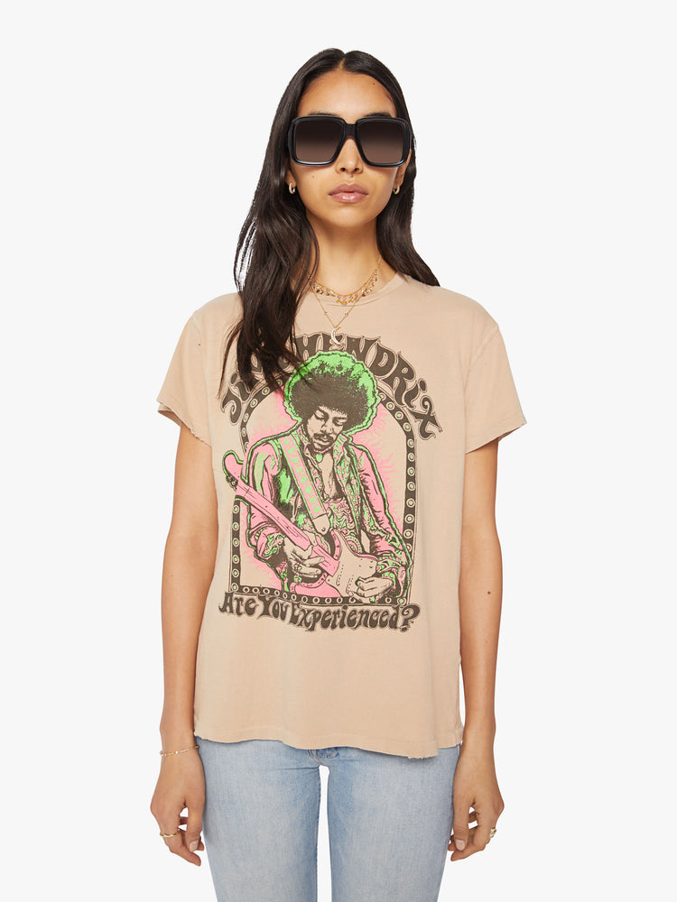 Front view of a women tee that honors Jimi Hendrix's debut studio album with a colorful graphic portrait and text on the front. Cut, sewn and distressed by hand in taupe.