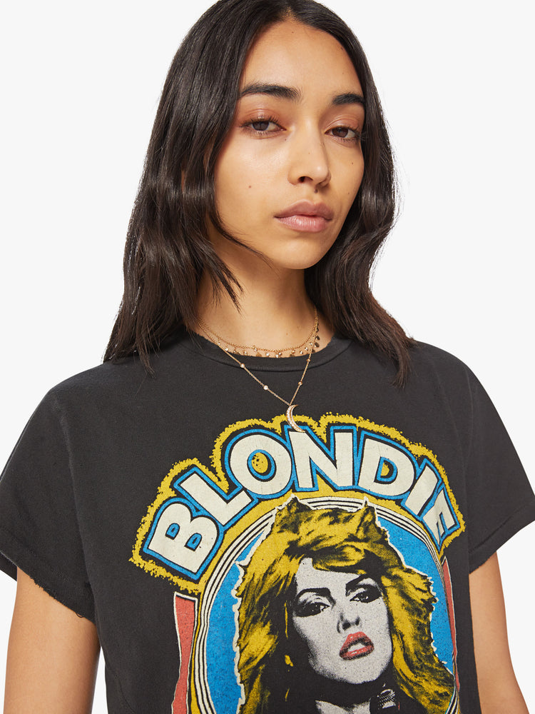 Close up view of woman tee pays homage to Blondie with colorful graphic portraits on the front and back. Cut, sewn and distressed by hand.