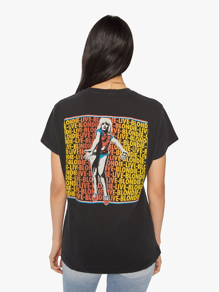 Back view of woman tee pays homage to Blondie with colorful graphic portraits on the front and back. Cut, sewn and distressed by hand.