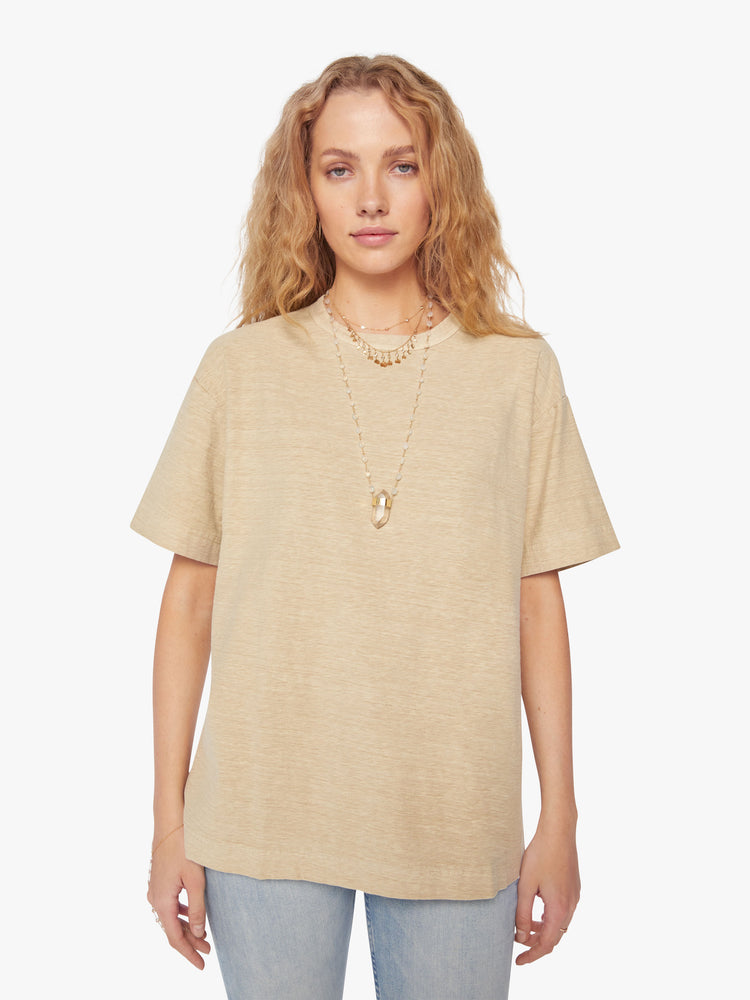 Front view of a woman in a Model Crop T features drop shoulders, a boxy fit and a slightly cropped hem in a soft khaki hue.