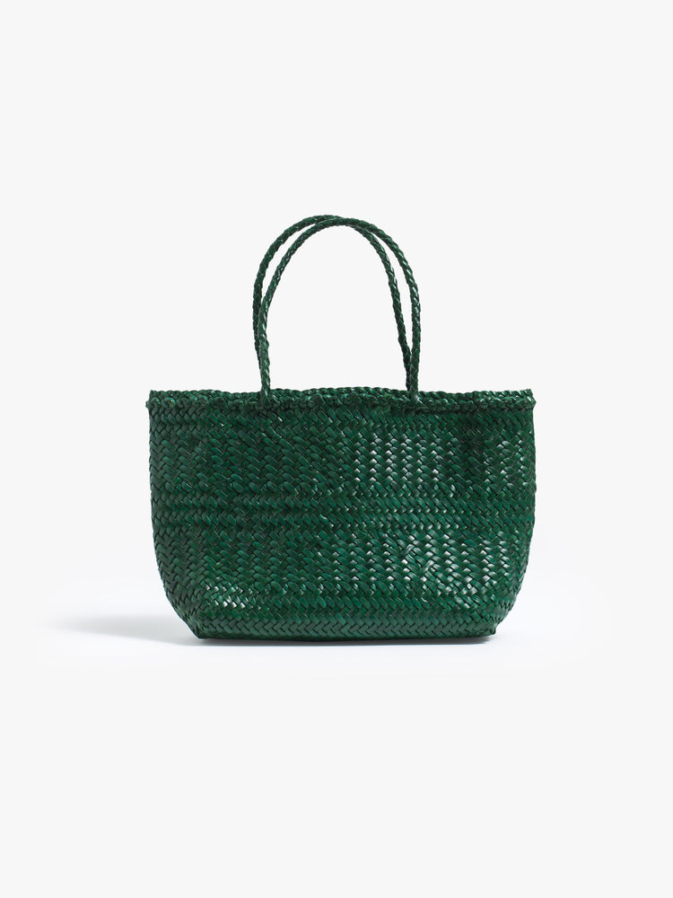 Front view of a dark green leather woven bag.