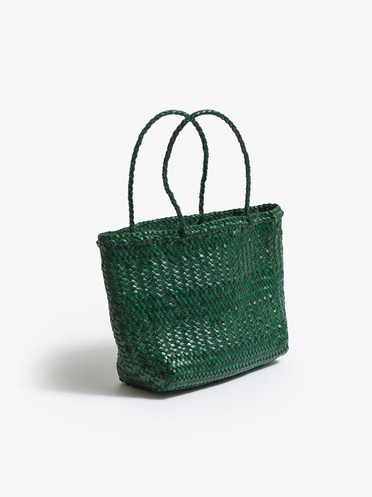 Side view of a dark green leather woven bag.