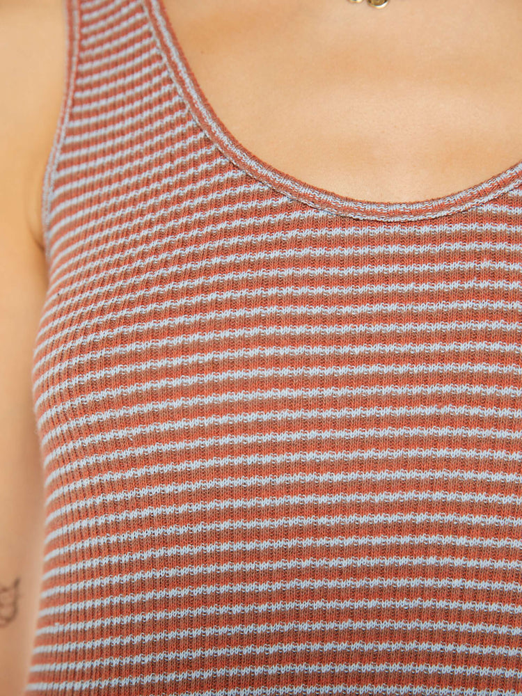 Swatch view of a woman sleeveless maxi dress in fine multicolored stripes, and features a scoop neck, narrow fit and an ankle-length hem.