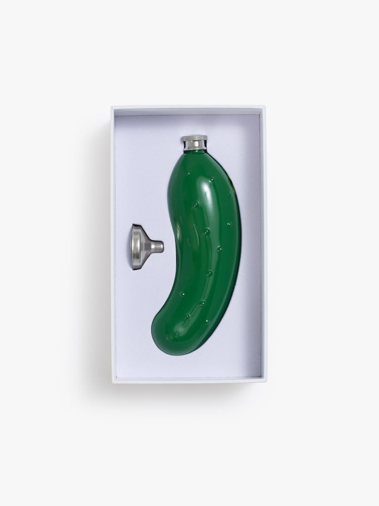 A green metal dill pickle flask packaged in a small white box with a funnel.