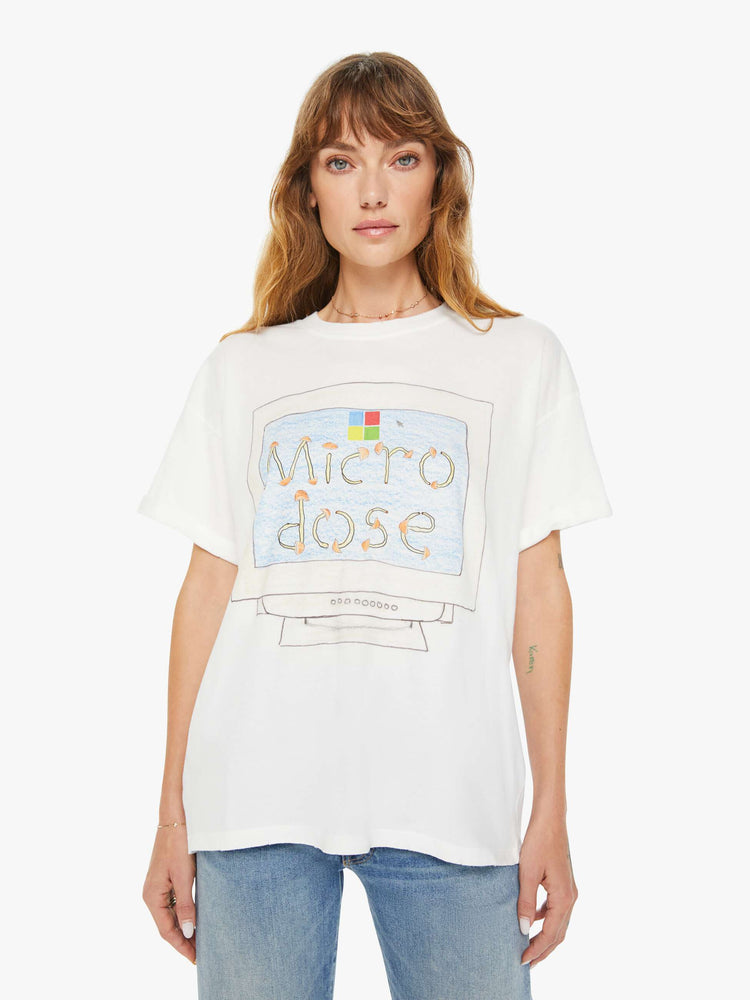 WOMEN front view of a woman white crewneck tee, drop shoulders and a slightly oversized fit features a colorful hand-drawn graphic of a computer screen on the front. 