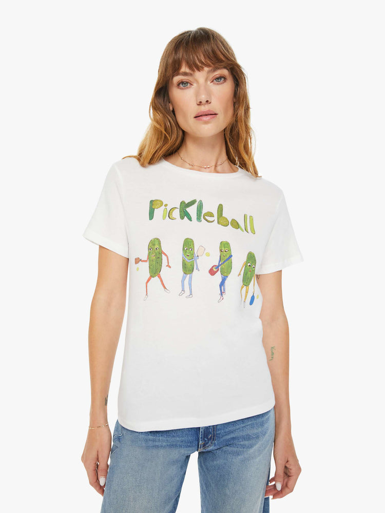Front view of a woman white tee features a colorful hand-drawn pickleball graphic on the front.