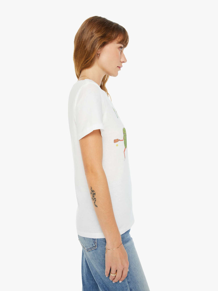 Side view of a woman white tee features a colorful hand-drawn pickleball graphic on the front.