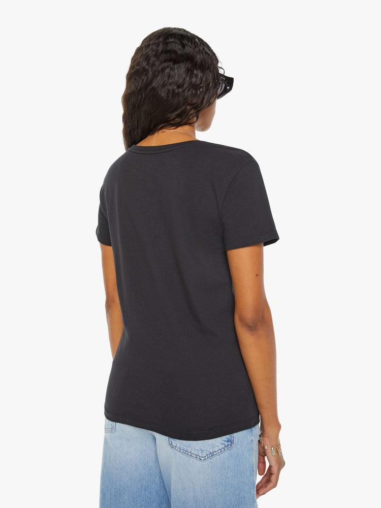 Back  view of a woman black tee features the twins of the Gemini, the third astrological sign in the zodiac.