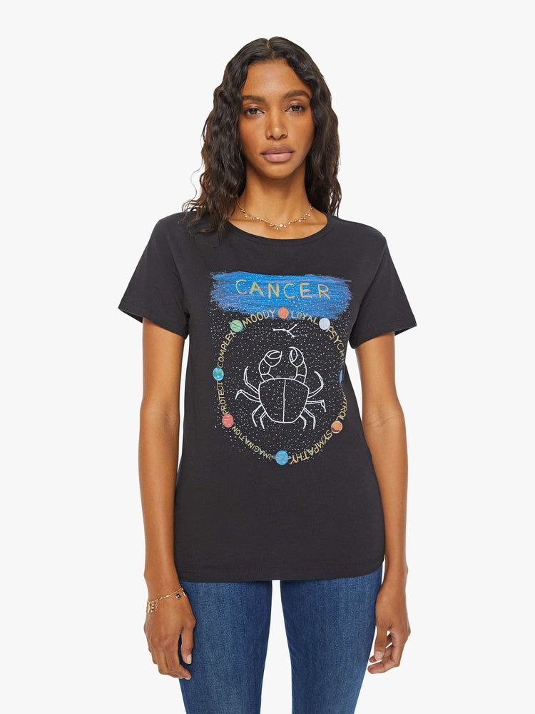 Front view of a woman in a black tee features the crab of the Cancer, the fourth astrological sign in the zodiac.