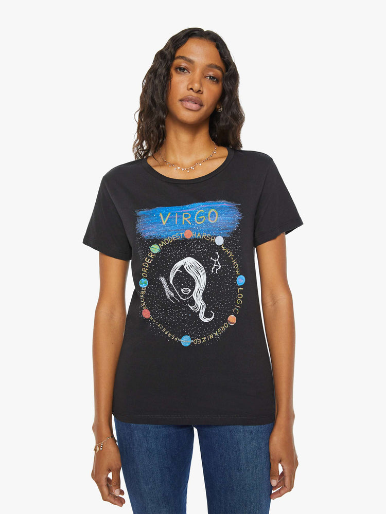 Front view of a woman black tee eatures the Virgo maiden, the sixth astrological sign in the zodiac.