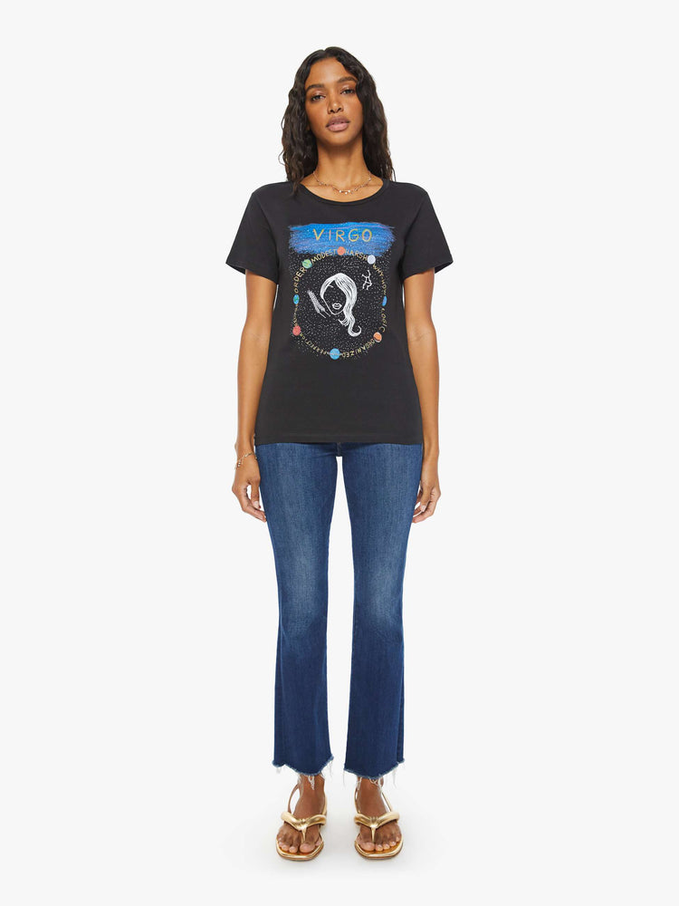 Full body view of a woman black tee eatures the Virgo maiden, the sixth astrological sign in the zodiac.