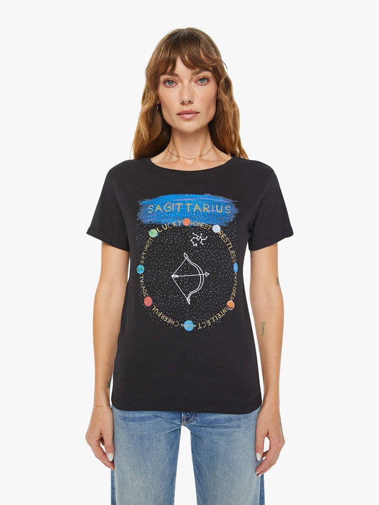 Front view of a woman black tee features an archer, the symbol of the Sagittarius.