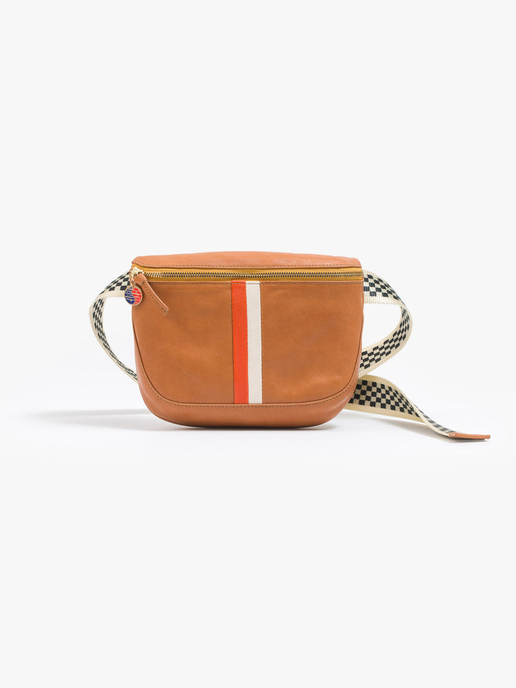 Front view of a waist bag is a brown designed with a zip closure, checkered strap and white and orange stripes down the front.