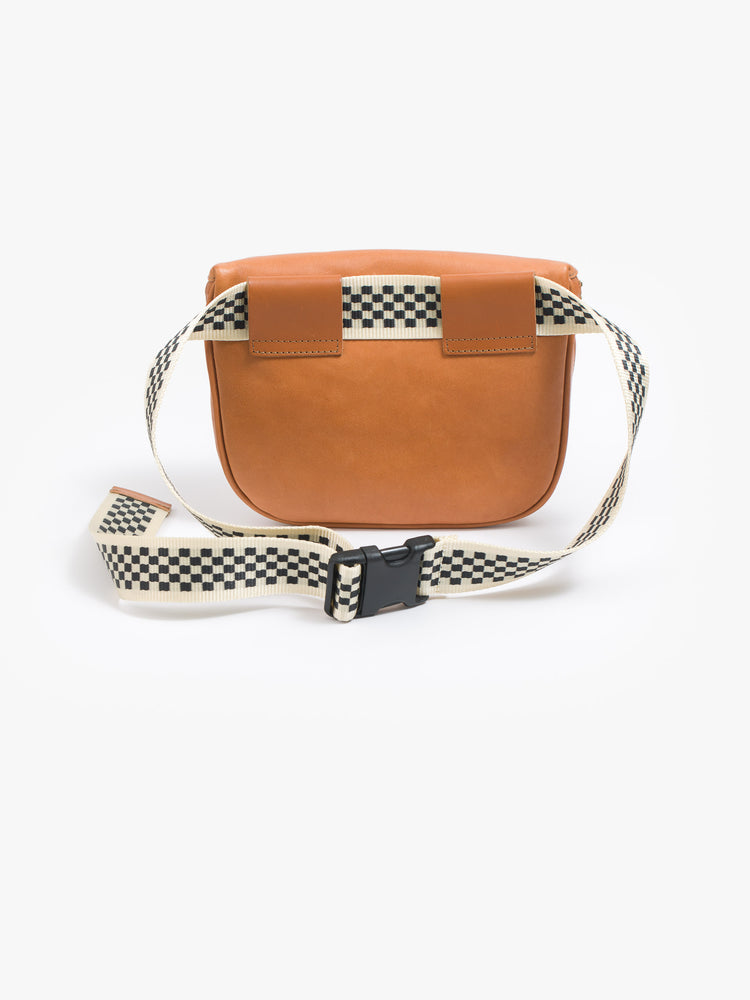 Back view of a waist bag is a brown designed with a zip closure, checkered strap and white and orange stripes down the front.