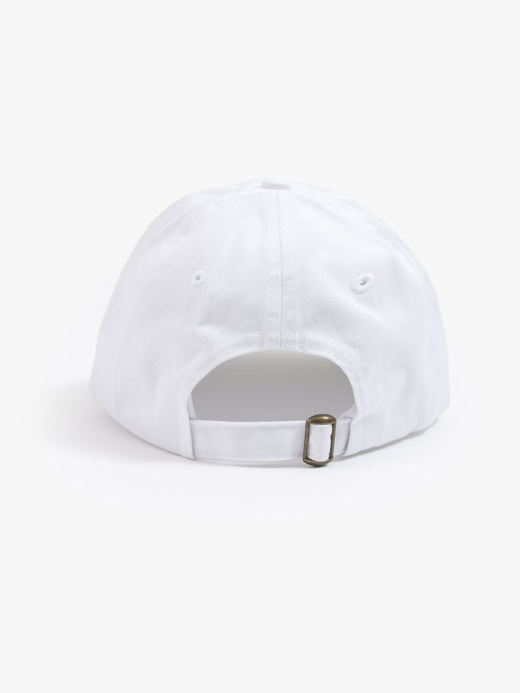 Back view of a womans white hat with an adjustable strap.