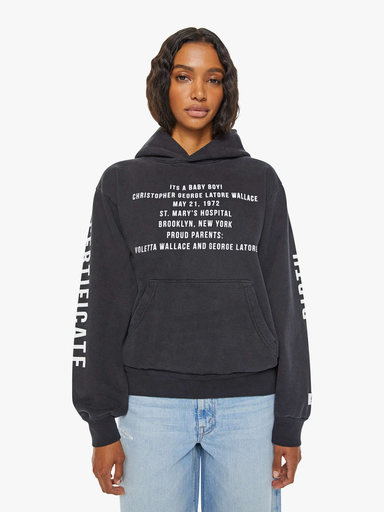 WOMEN front view of a black front patch pocket, ribbed hems and a slightly oversized fit sweatshirt with reference to the birthday of Biggie Smalls.