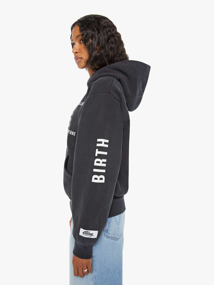WOMEN right side view of a black front patch pocket, ribbed hems and a slightly oversized fit sweatshirt with reference to the birthday of Biggie Smalls.
