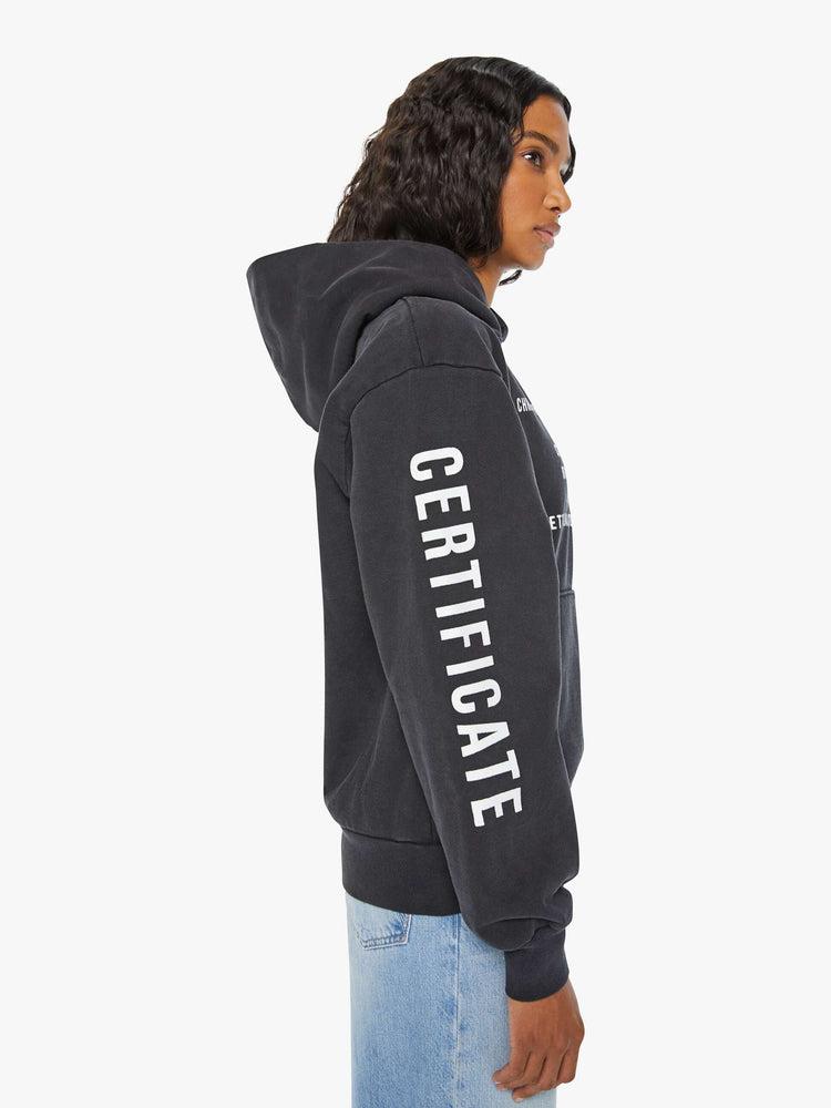 WOMEN left side view of a black front patch pocket, ribbed hems and a slightly oversized fit sweatshirt with reference to the birthday of Biggie Smalls.