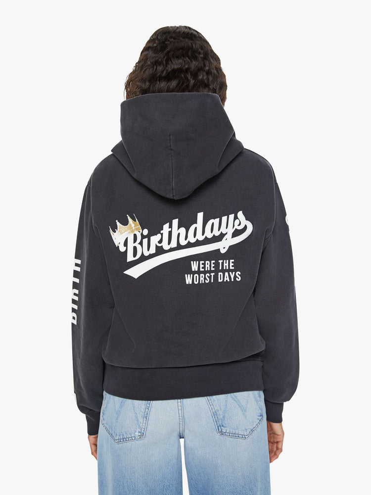 WOMEN back view of a black front patch pocket, ribbed hems and a slightly oversized fit sweatshirt with reference to the birthday of Biggie Smalls.