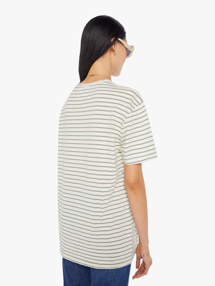 Back view of a womens white crew neck tee with green stripes and an oversized fit.
