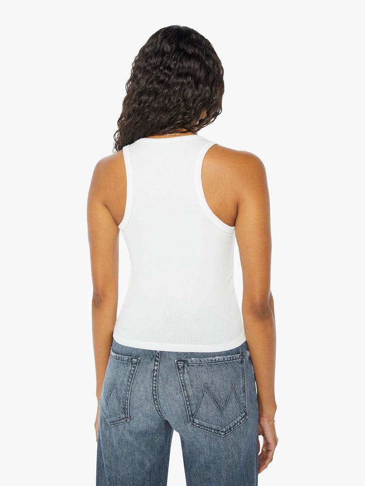 Back view of a womens fitted white tank.