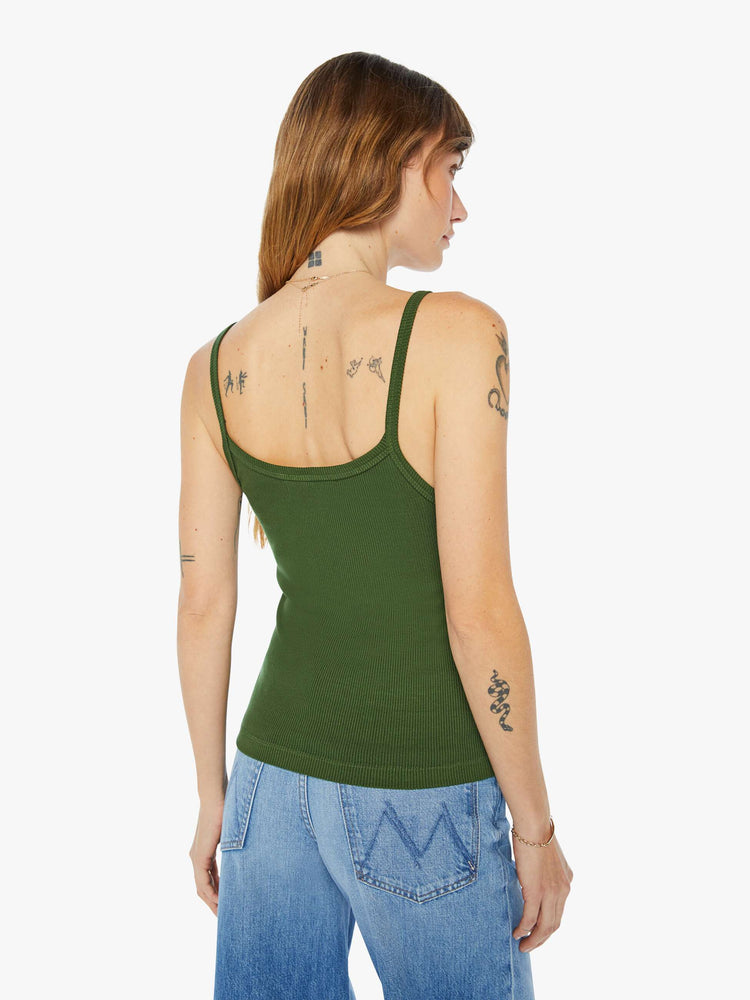 Back view of a womens fitted green tank.