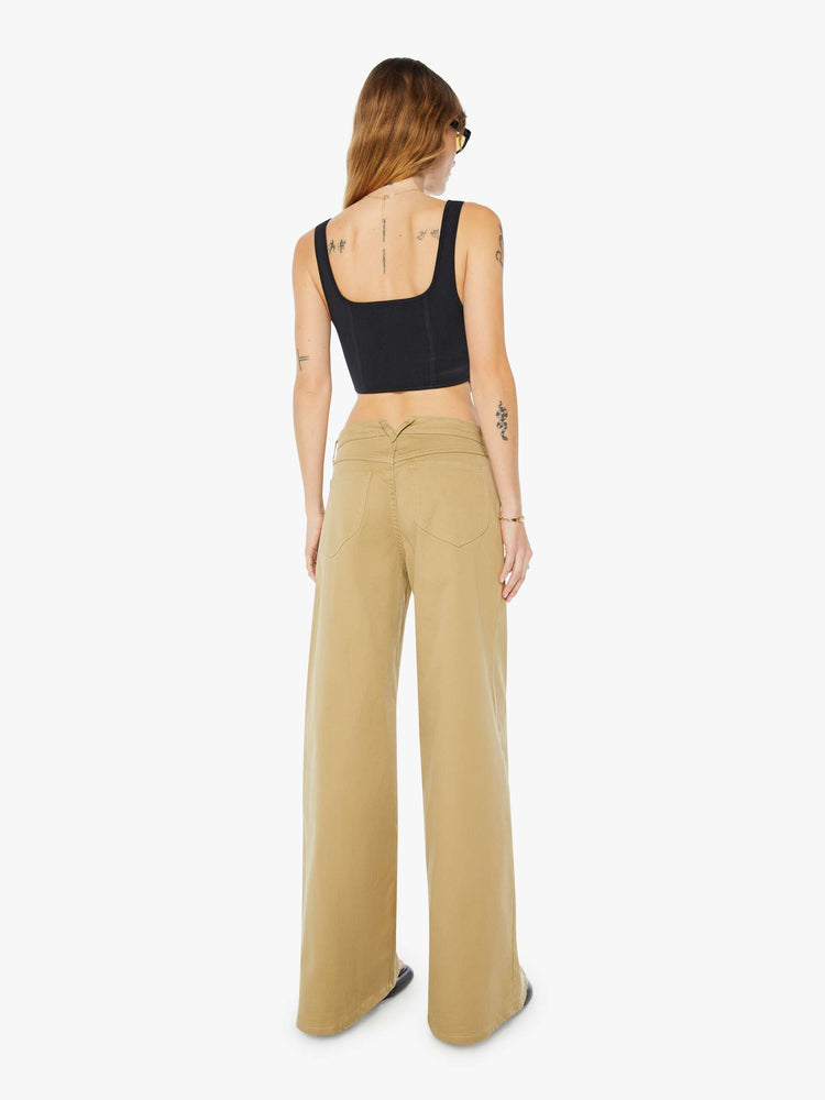 Back view of a womens brown pant featuring a relaxed mid rise and wide leg.