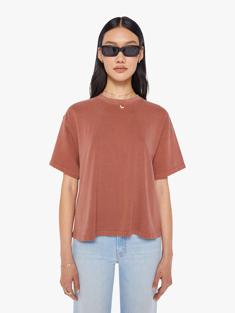 Front view of a womens warm brown tee featuring dropped short sleeves and a boxy fit.