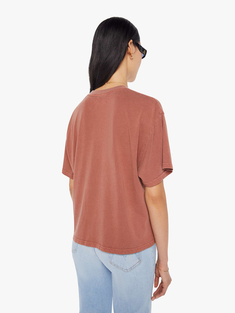 Back view of a womens warm brown tee featuring dropped short sleeves and a boxy fit.
