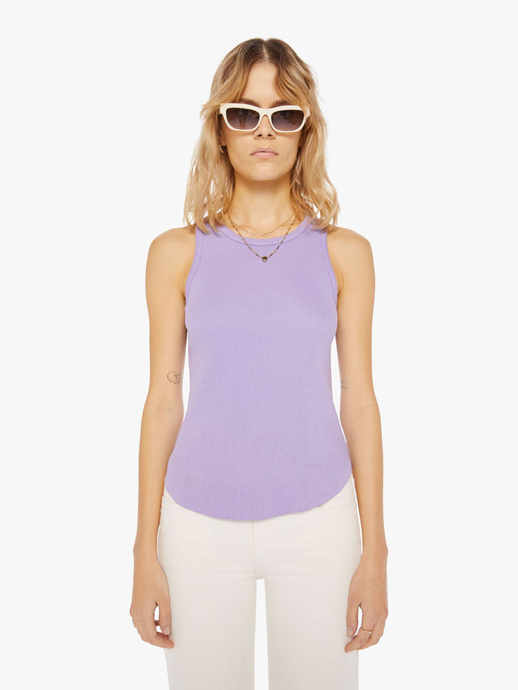 Front view of a light purple tank top featuring a fitted body and curved hem.