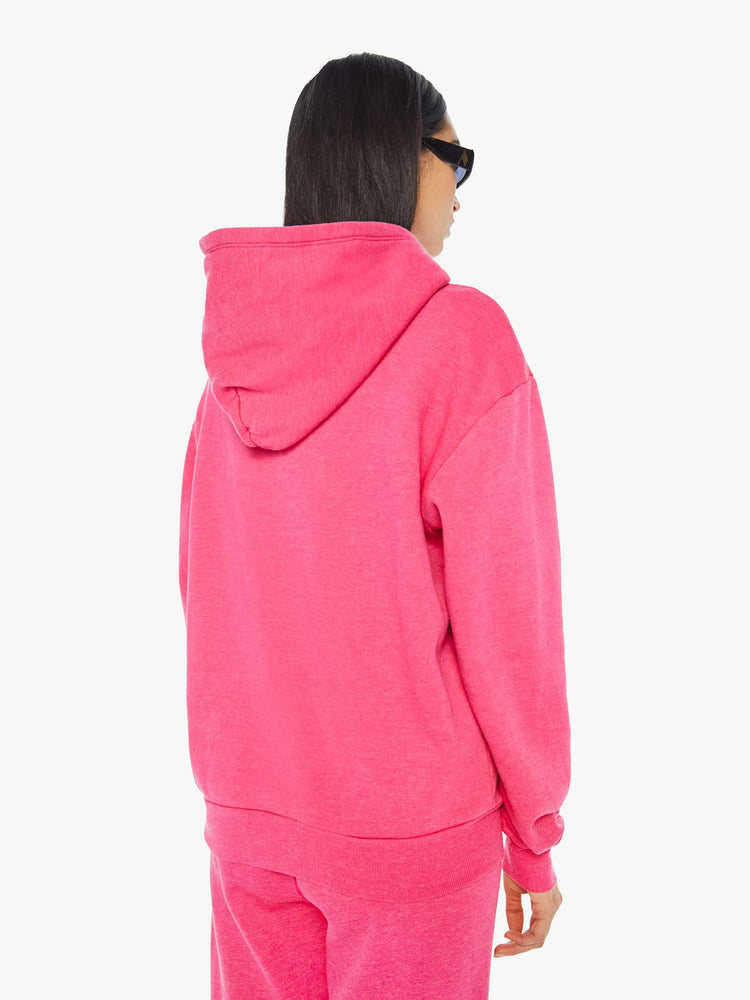 Back view of a womens hot pink sweatshirt hoodie featuring a front pocket.