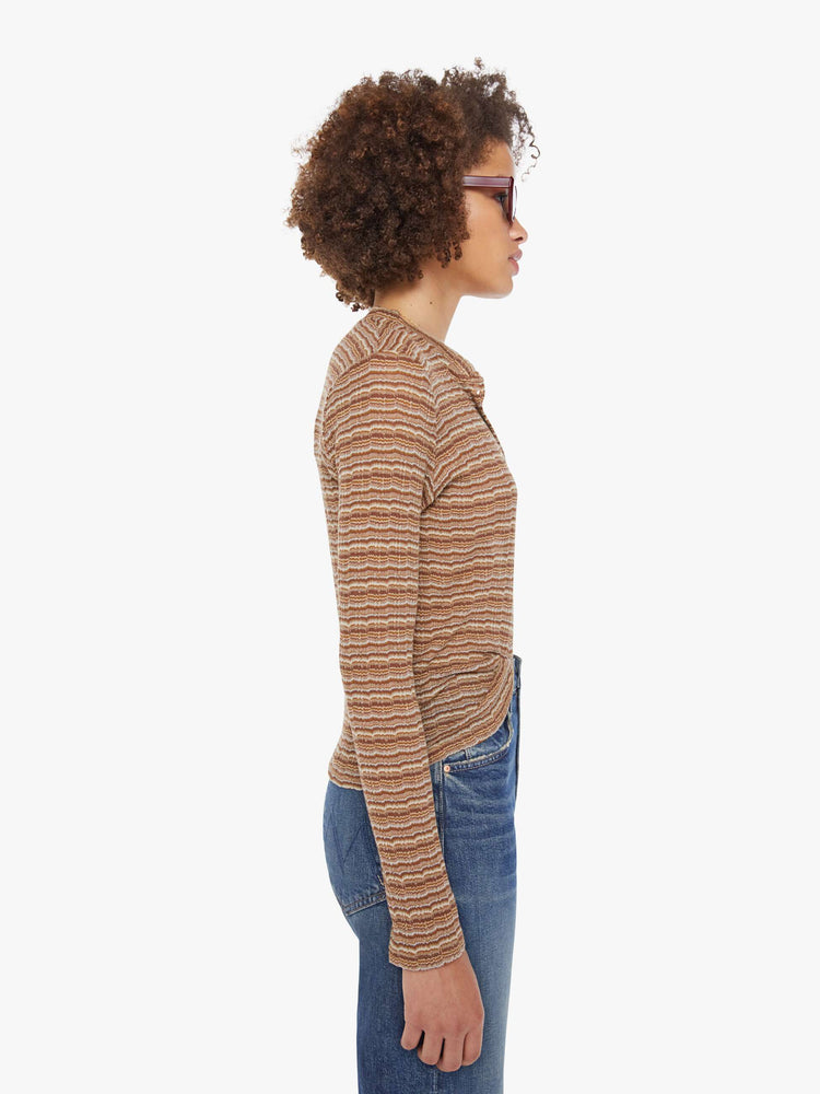 Side view of a brown and camal blend long-sleeve tee from SPRWMN with a buttoned V-neck and a narrow fit.